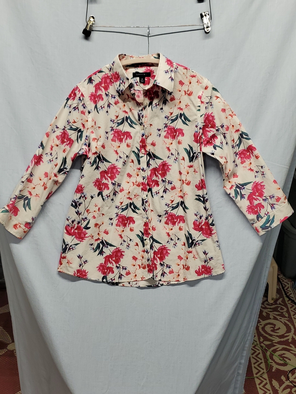 Lands' End Floral Button Down Shirt Cream with Pink & Blue Accents #200